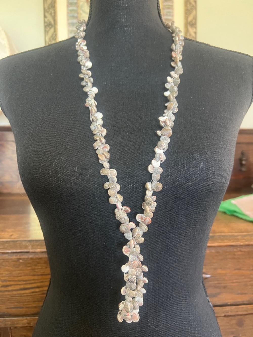 Vintage Tiny Shell Blossom Lariat Necklace 40 inch